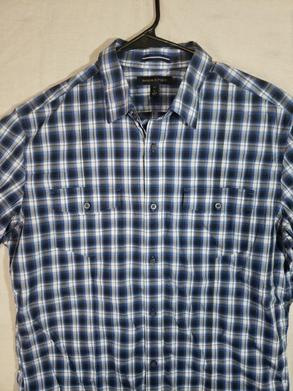 Banana Republic Men’s Large, Button - Up Check Shirt BLUE PLAID Stretch R338